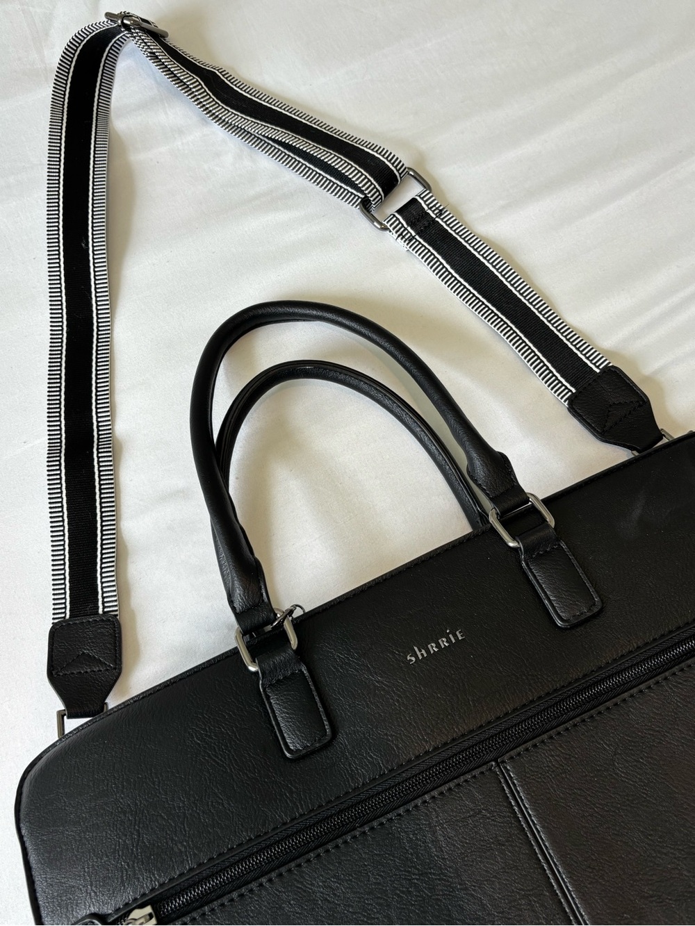 Double Black Leather Briefcase with Striped Detachable Strap - Picture 2 of 9